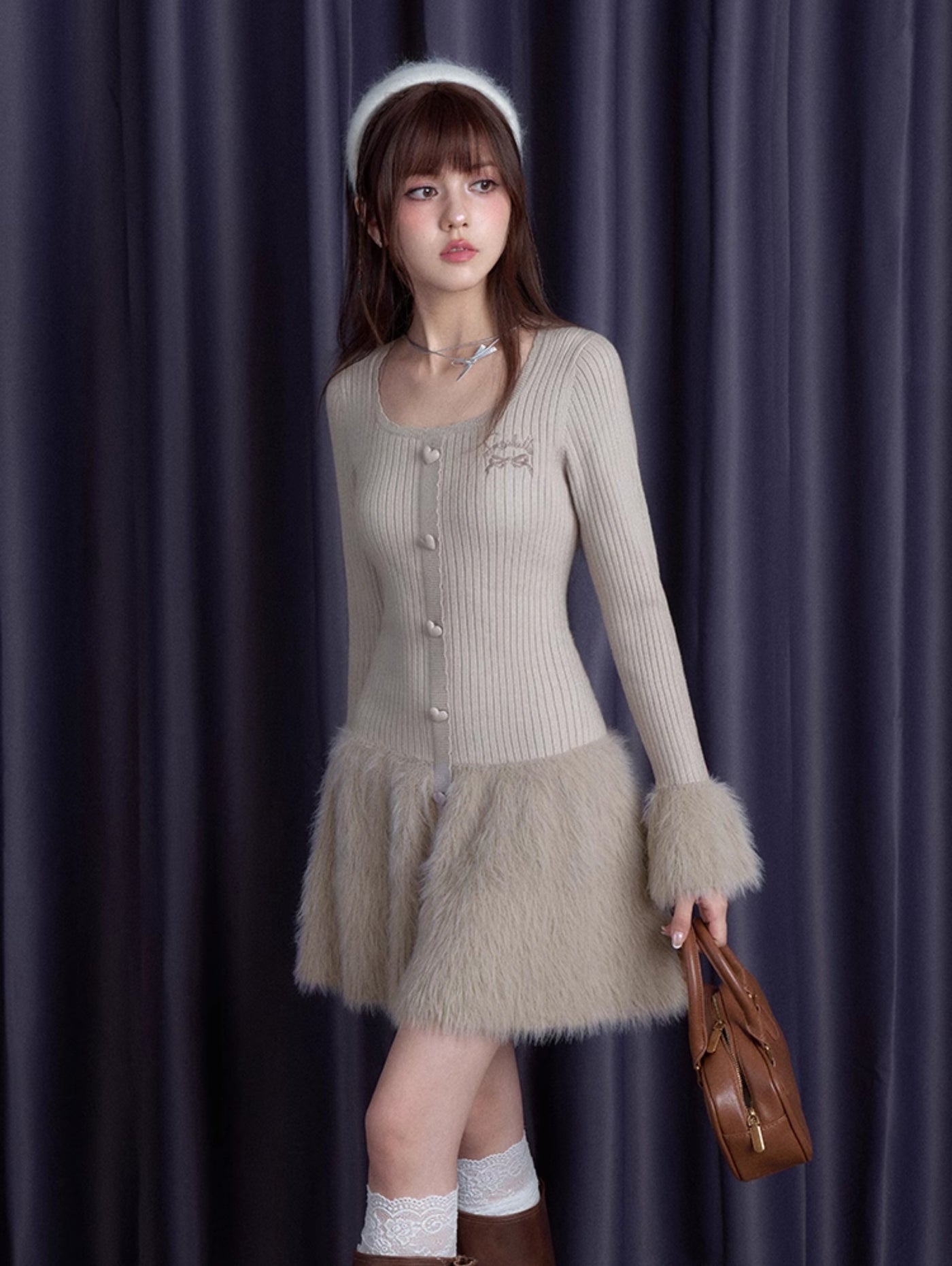 Pure Desire Slim Bottoming Knitted Fur Skirt Dress SAG0192