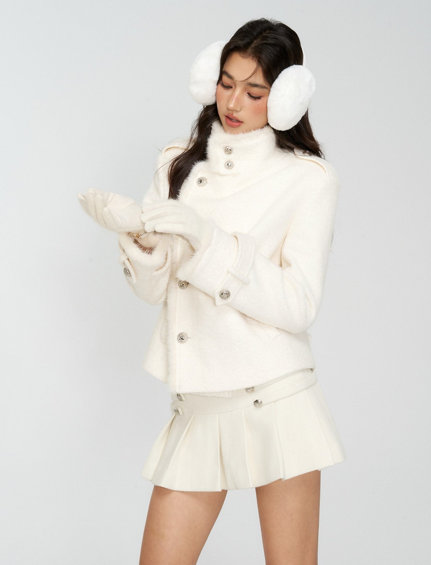 White Pleated Preppy Style Midi Skirt 4MU0167