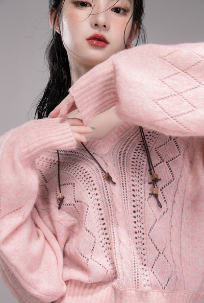 Pink Hollow V-neck Knit+Halter Neck Top COT0345