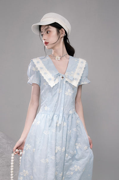 Blue Lace Collar Short Sleeve Dress COT0320