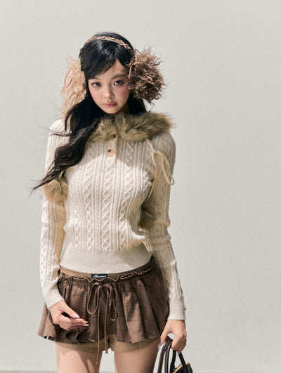 Fur Hooded Cable Knit Sweater DIA0768