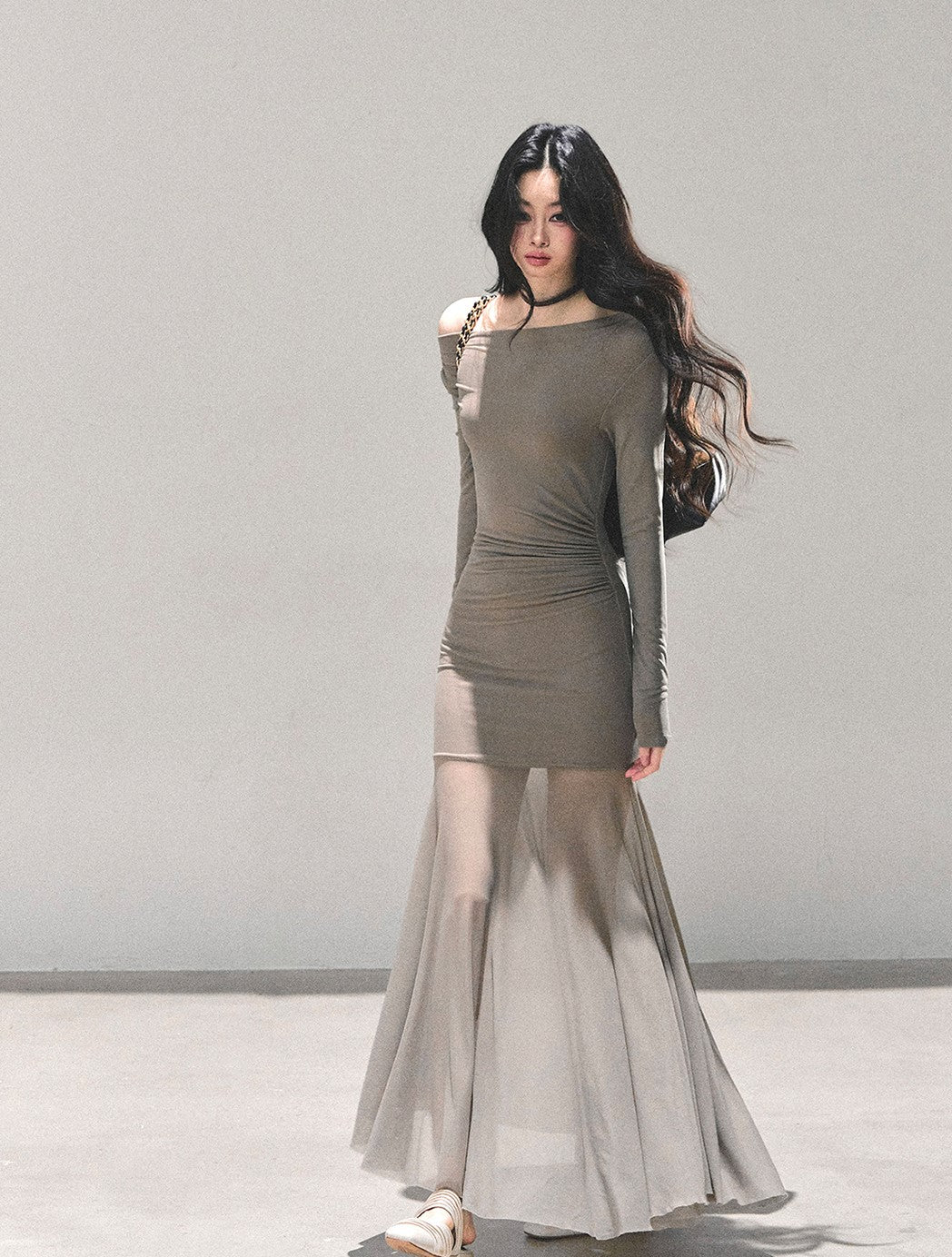 Off-shoulder Slimming Sheer Dress DIA0697