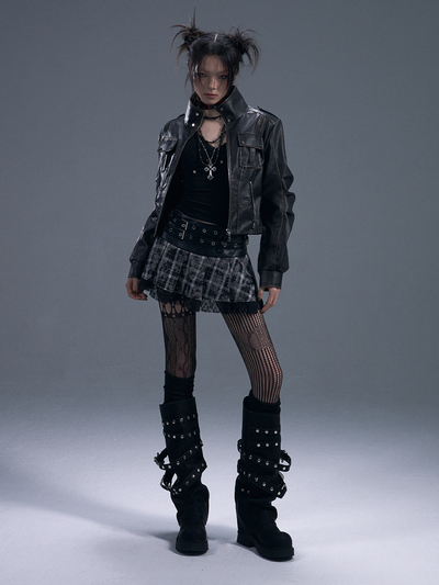 Punk Rock Plaid Double Belt Skirt FRU0091