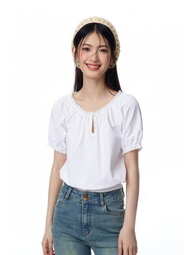 Puff Sleeve Round Neck Lace Shirt NTO0108