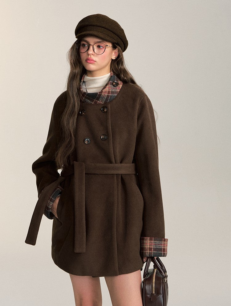 Retro Double-breasted Mid-length Coffee-colored Woolen Coat QDQ0085