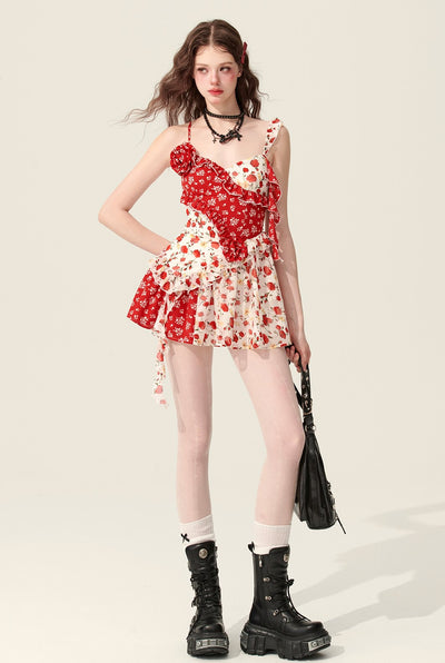 Rose Red Splicing Floral Suspender Dress DIA0167