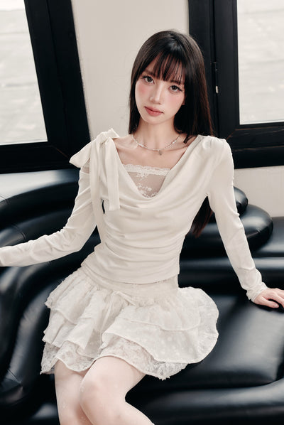 Cream Lace Swing Neck Top/Lace Cake Skirt FRA0410