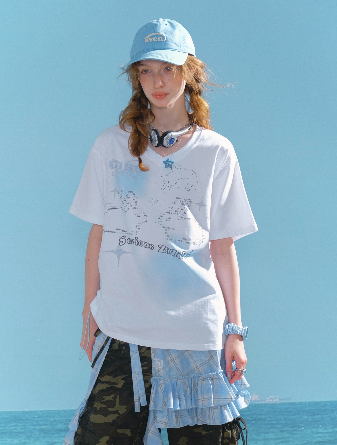 Drawstring Rabbit Print V-neck T-shirt ZIZ0268