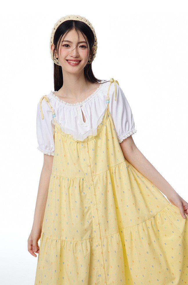 Yellow Dotted Open-front Loose A-line Suspender Dress/White Shirt NTO0090