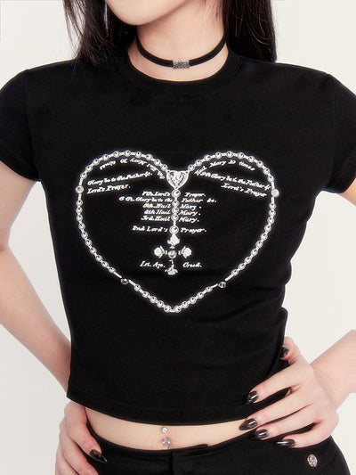 Micro-elastic Dark Rhinestone Heart Printed Short Sleeve T-shirt VOC0238