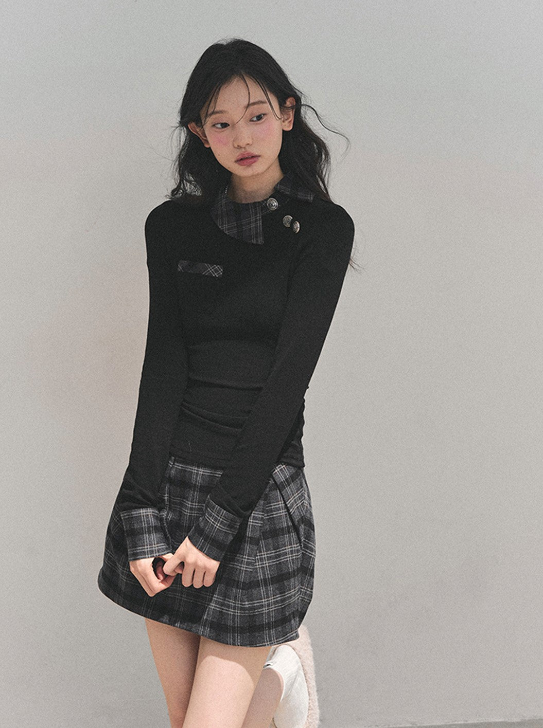 Black Plaid Collar Top/Plaid Short Skirt DIA0757