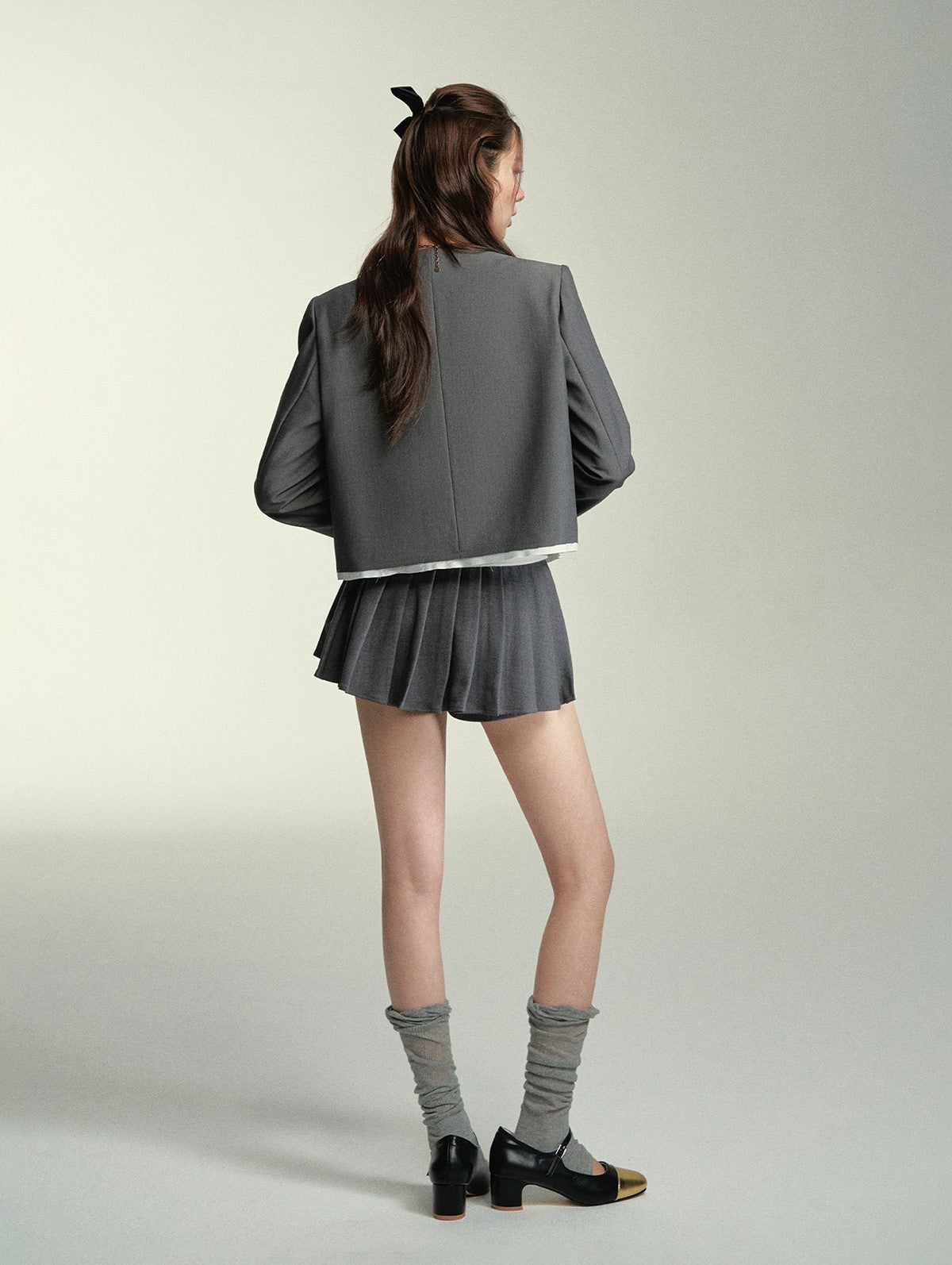 Grey Bow Tie Collarless Short Jacket/Skirt SOM0051
