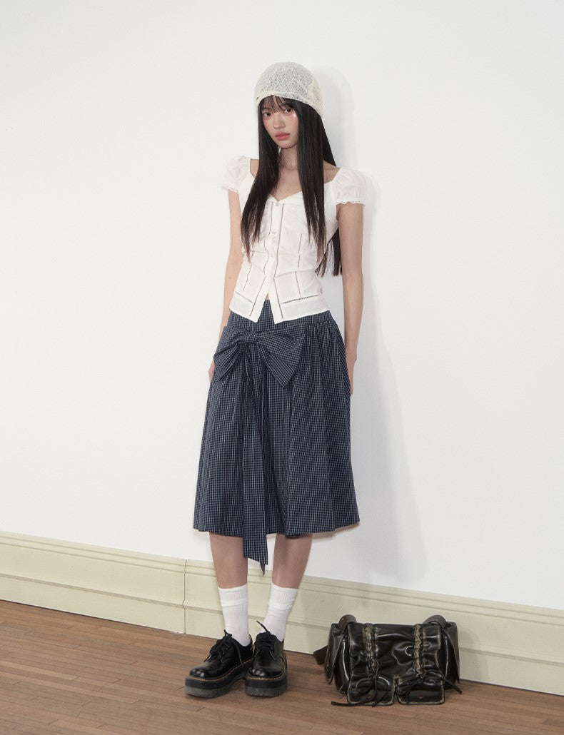 Navy Blue Plaid Bow Midi Skirt SOO0003