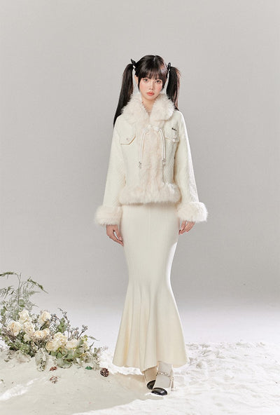 White Luxurious Style Cotton Jacket/Fishtail Skirt TBI0041