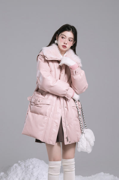 Rose Pink National Standard Leather Down Jacket COT0185