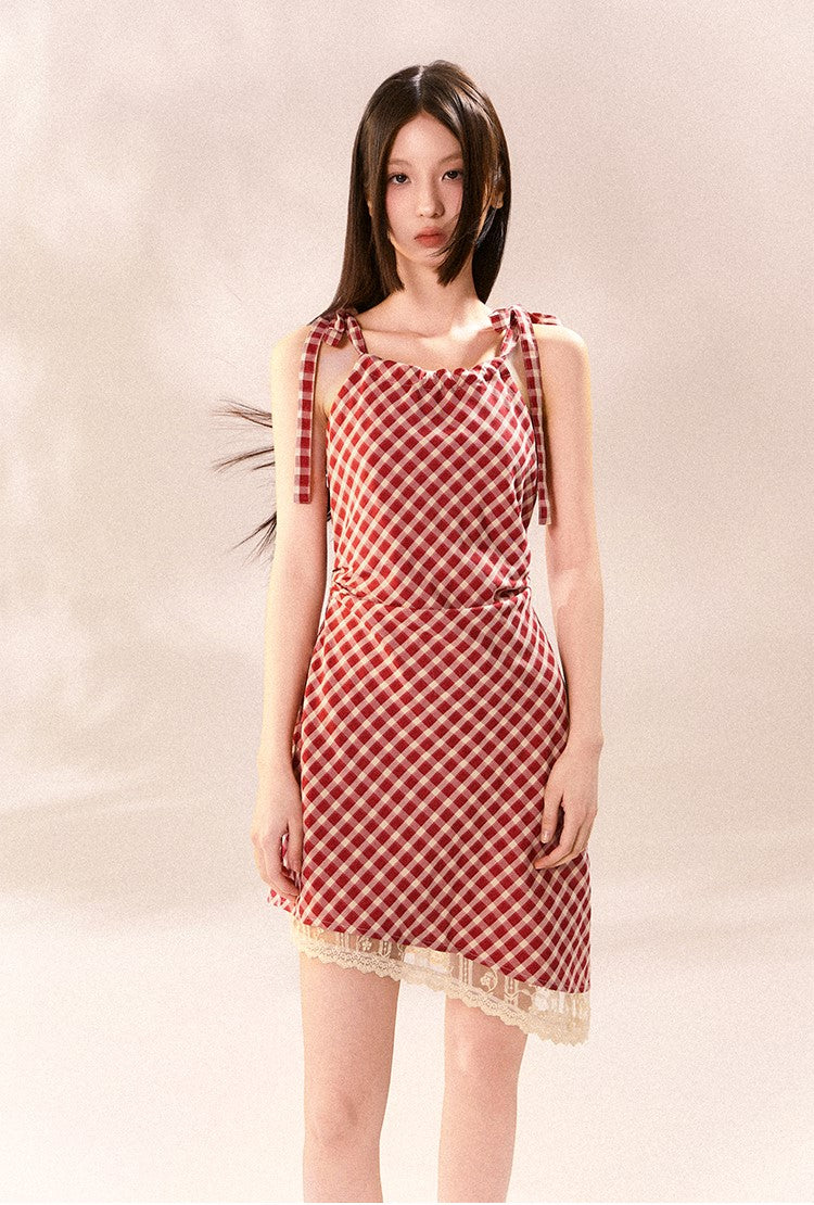 Red Plaid Irregular Suspender Dress TIP0006