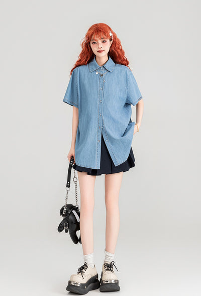 Two-piece Short-sleeved Thin Denim Shirt/Lace-up Vest KEI0088