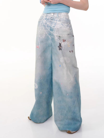 Chain Print Wide Leg Blue Jeans ZIZ0282