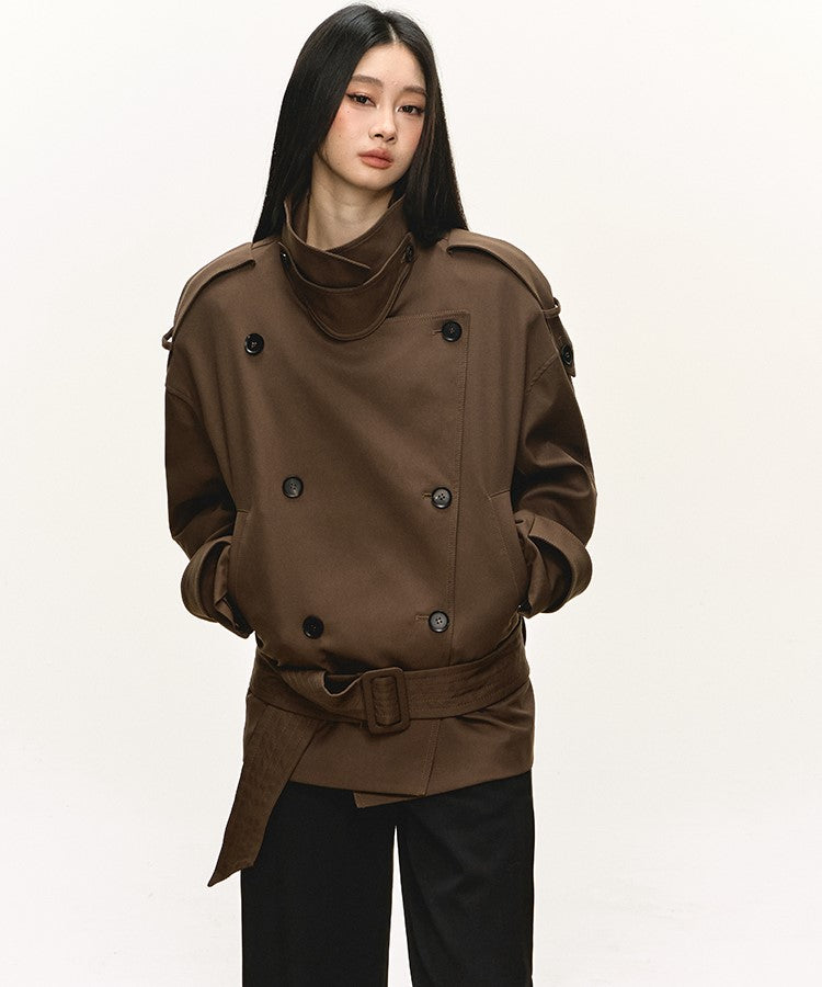 Dark Brown Stand Collar Short Trench Coat ANA0112