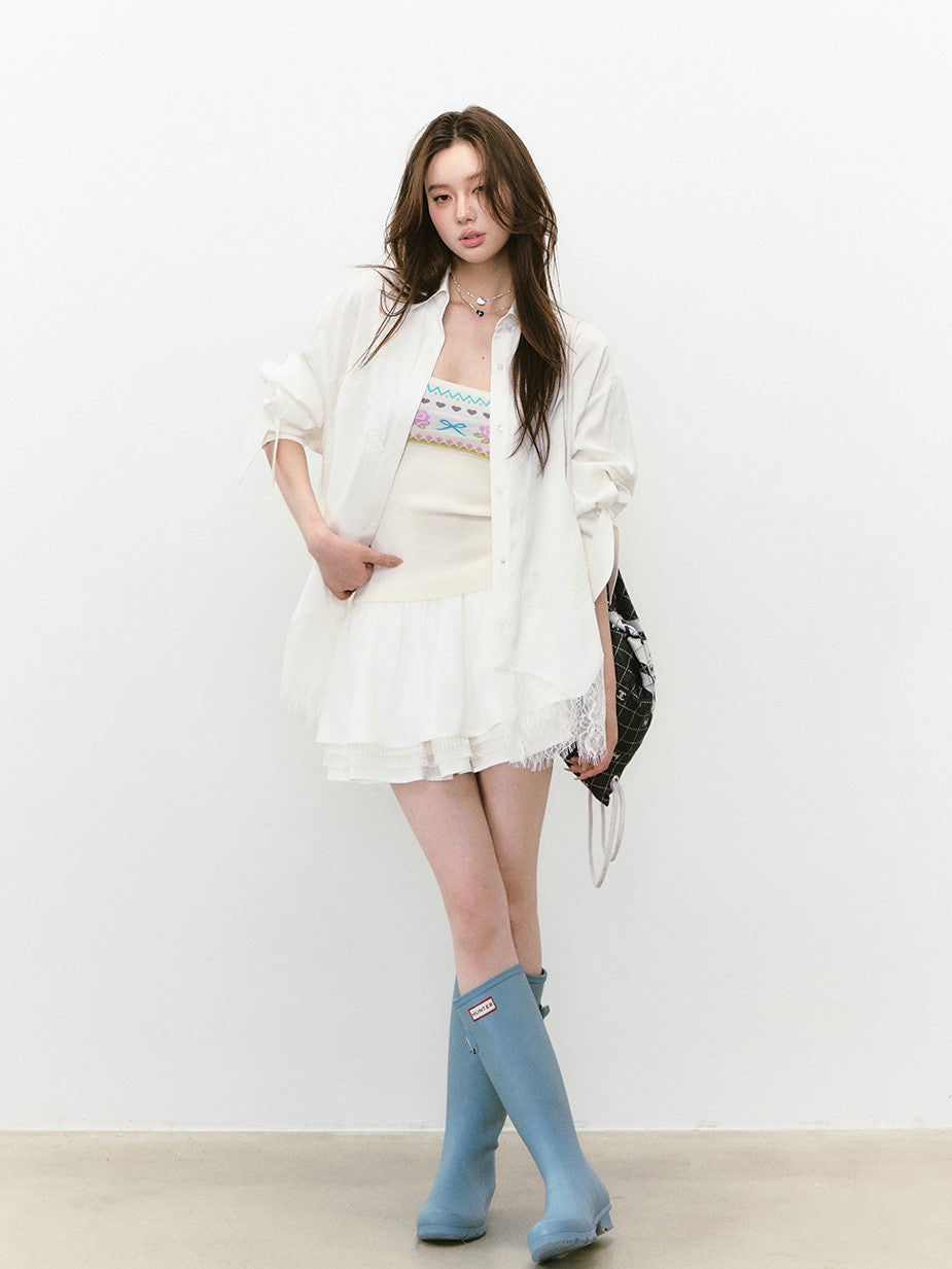 Mesh Lace Stitching Beads Shirt VIA0239