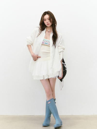 Mesh Lace Stitching Beads Shirt VIA0239