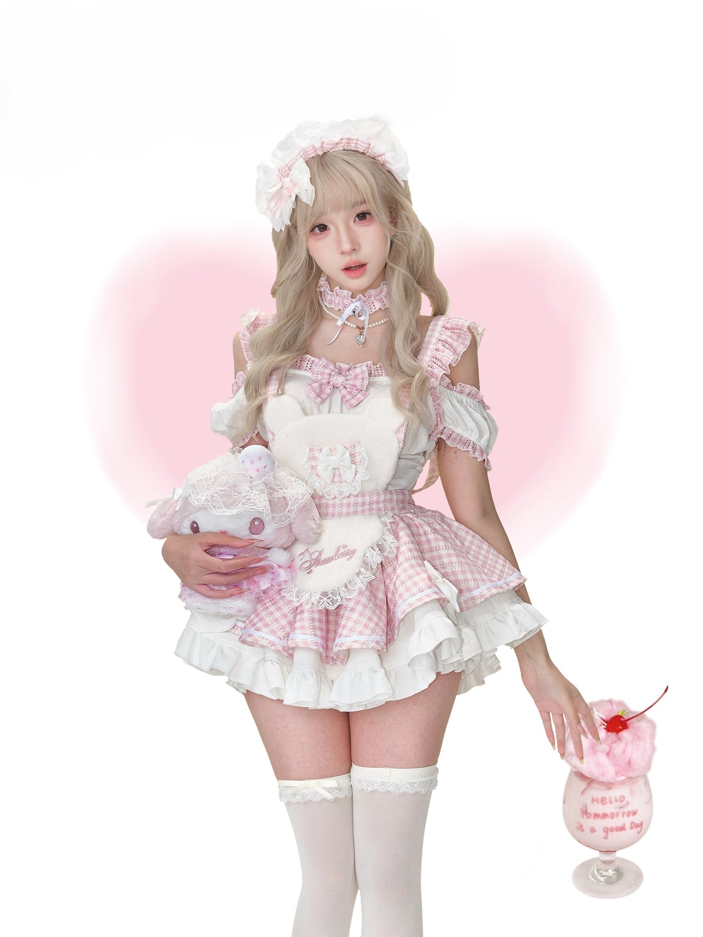 White Lace Top/Pink Plaid Suspender Dress SER0154