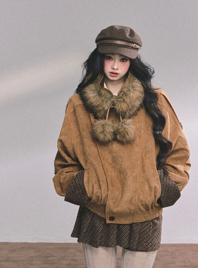 Hazelnut Velvet Suede Jacket/Pleated Skirt DIA0604