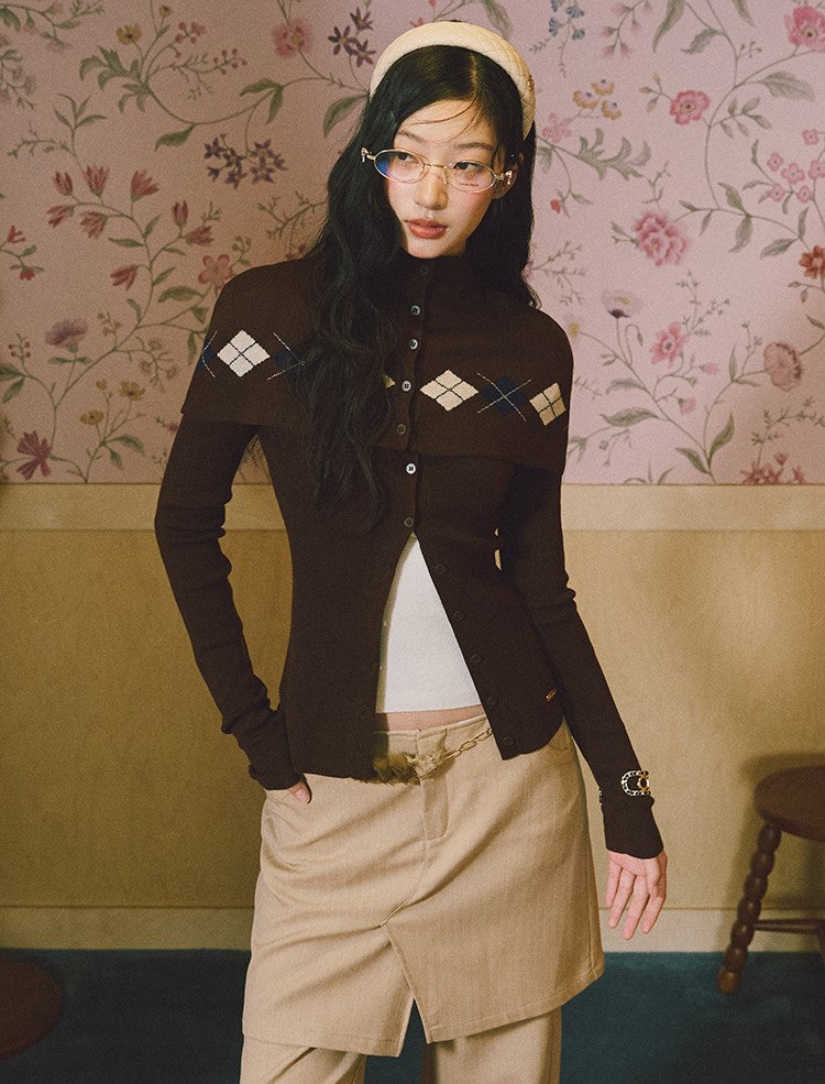 Argyle Design Long-Sleeved Knitted Cardigan LAL0230