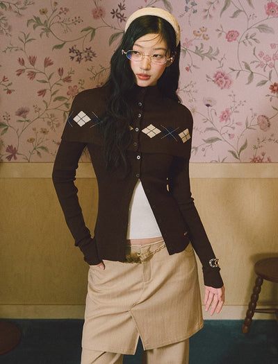 Argyle Design Long-Sleeved Knitted Cardigan LAL0230