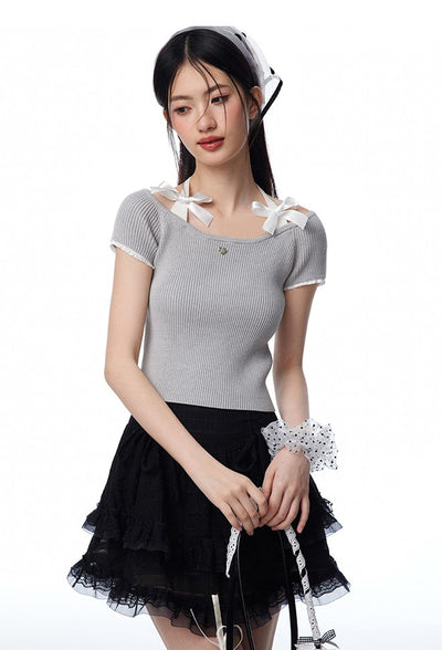 Fake Two-piece Halter Neck Bow Tie Knit/Tulle Skirt NTO0107