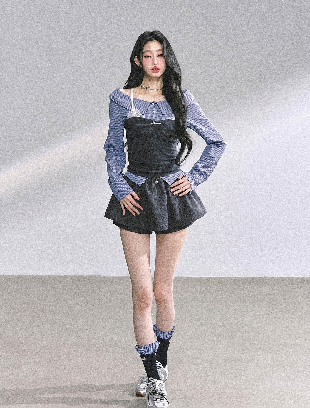 Fake Two-piece Plaid Lace Shirt DIA0573