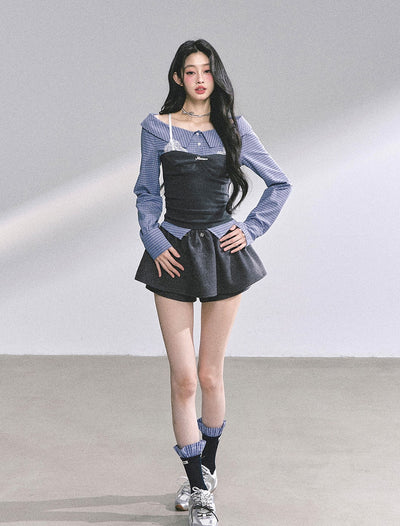 Fake Two-piece Plaid Lace Shirt DIA0573