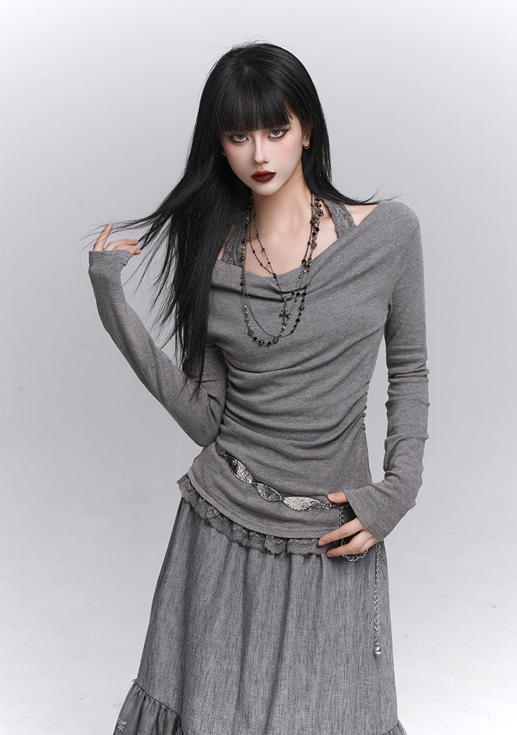 Off-Shoulder Long Sleeve Halter Neck Top LAD0231