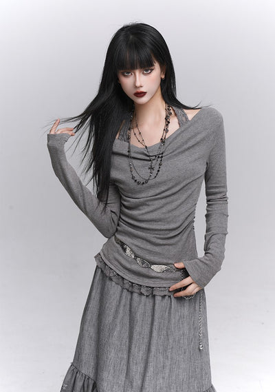 Off-Shoulder Long Sleeve Halter Neck Top LAD0231