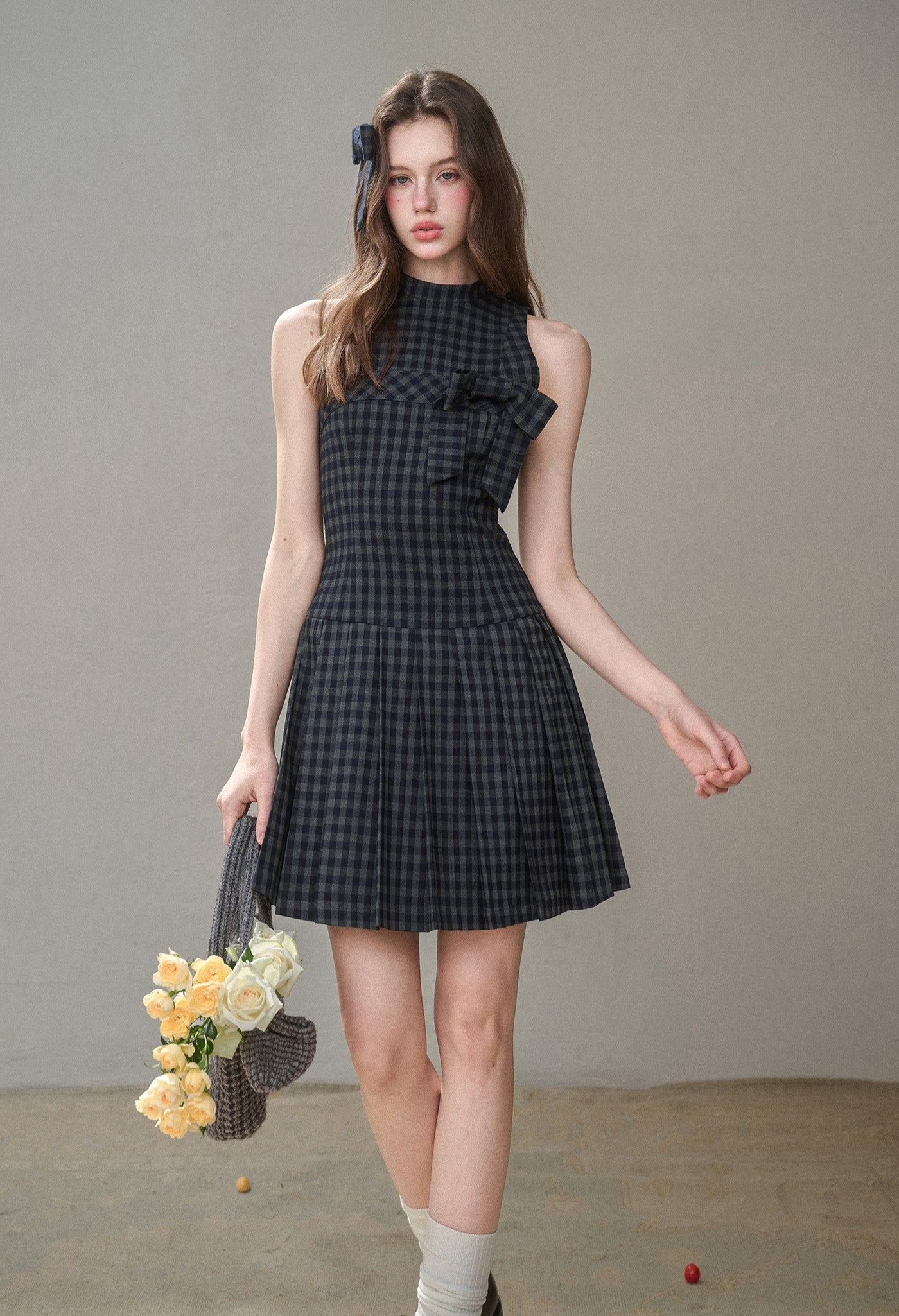 Bow Halter Neck Plaid Pleated Dress GRO0175
