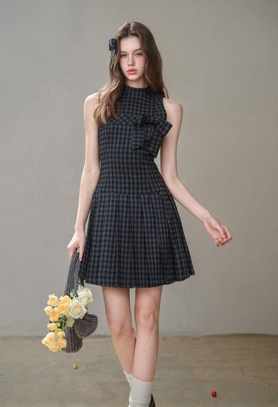 Bow Halter Neck Plaid Pleated Dress GRO0175
