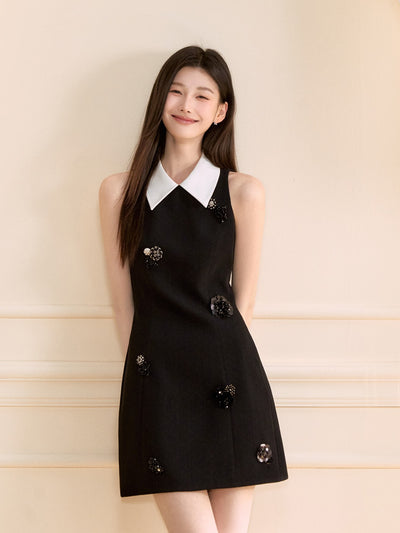 Black Sleeveless Beaded Flower Dress OSH0121