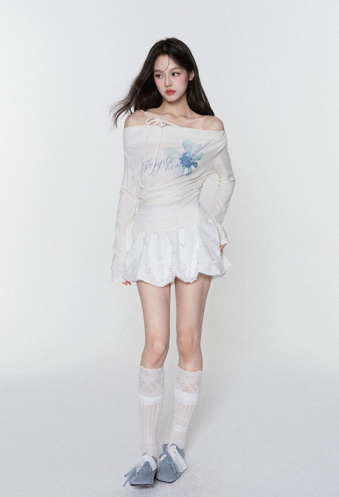 Flower Printed Off-shoulder T-shirt FRA0384