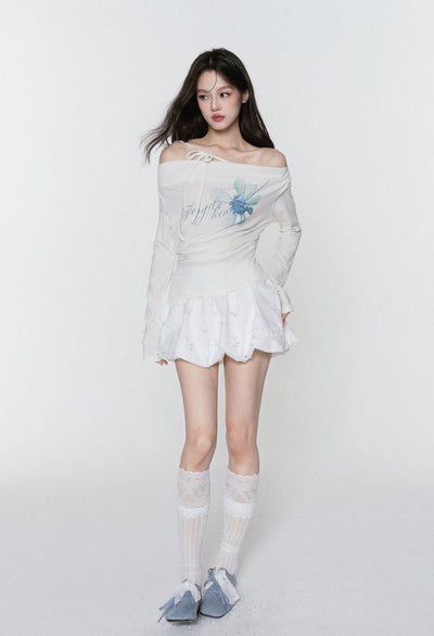 Flower Printed Off-shoulder T-shirt FRA0384