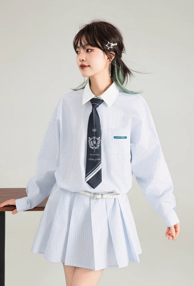 Blue Striped Polo Collar A-line Pleated Shirt Dress KEI0123