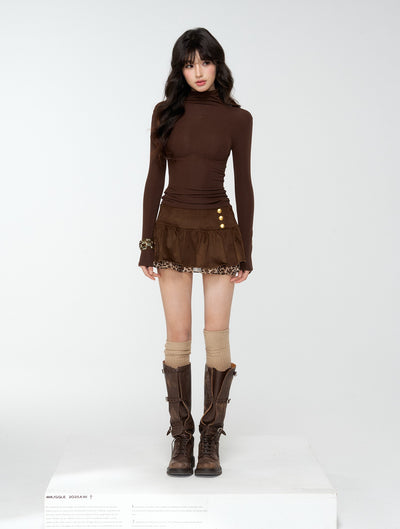 Suede Pleated Leopard Print Midi Skirt 4MU0168