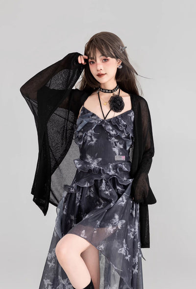 Butterfly Floral Sling Strap Backless Tulle Long Dress/Cardigan KEI0118