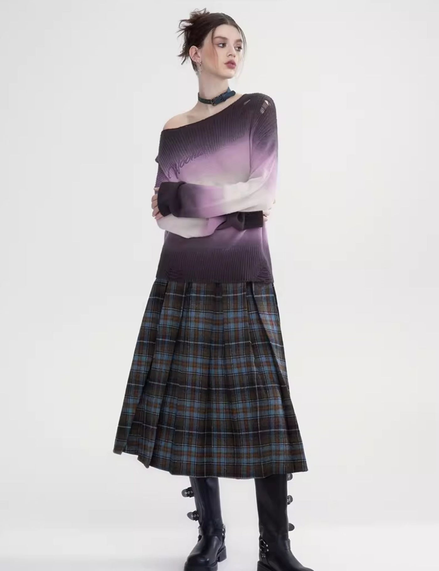 Retro College Loose Pleated Mid-length Plaid Skirt WOO0068