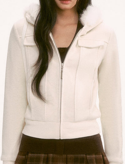 White Retro Fur Collar Hooded Jacket WEE0126