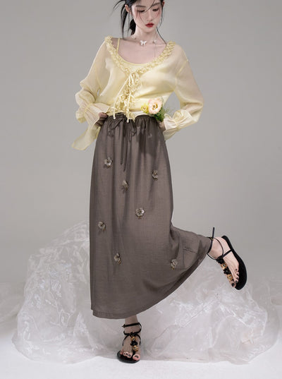 Brown Casual A-Line Drape Skirt COT0305
