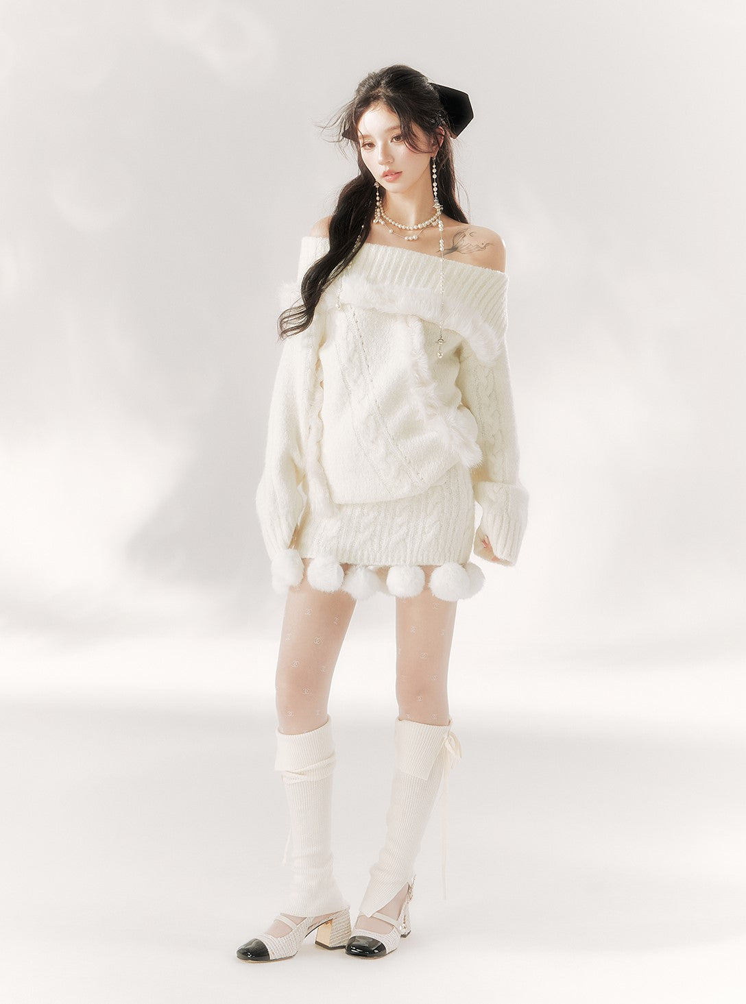 Off-shoulder Plush Fur Knitted Sweater BBB0102