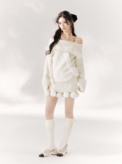 Off-shoulder Plush Fur Knitted Sweater BBB0102