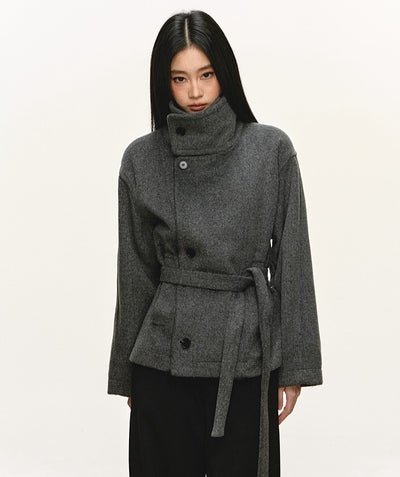 High-End Stand Collar Tie-Wrap Short Coat ANA0095
