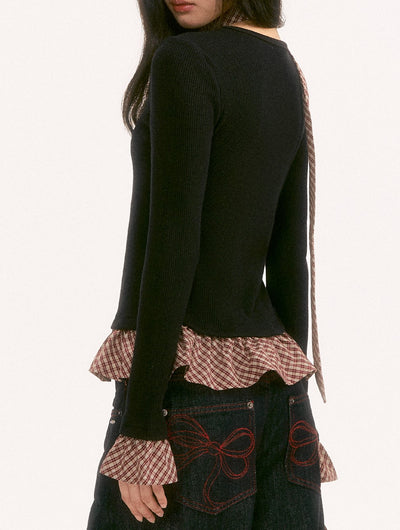 Plaid Tie-Waist Ruffled Long-Sleeved Sweater WEE0133