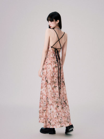 Apricot Pink Floral Swing Collar Backless Suspender Dress LUL0060